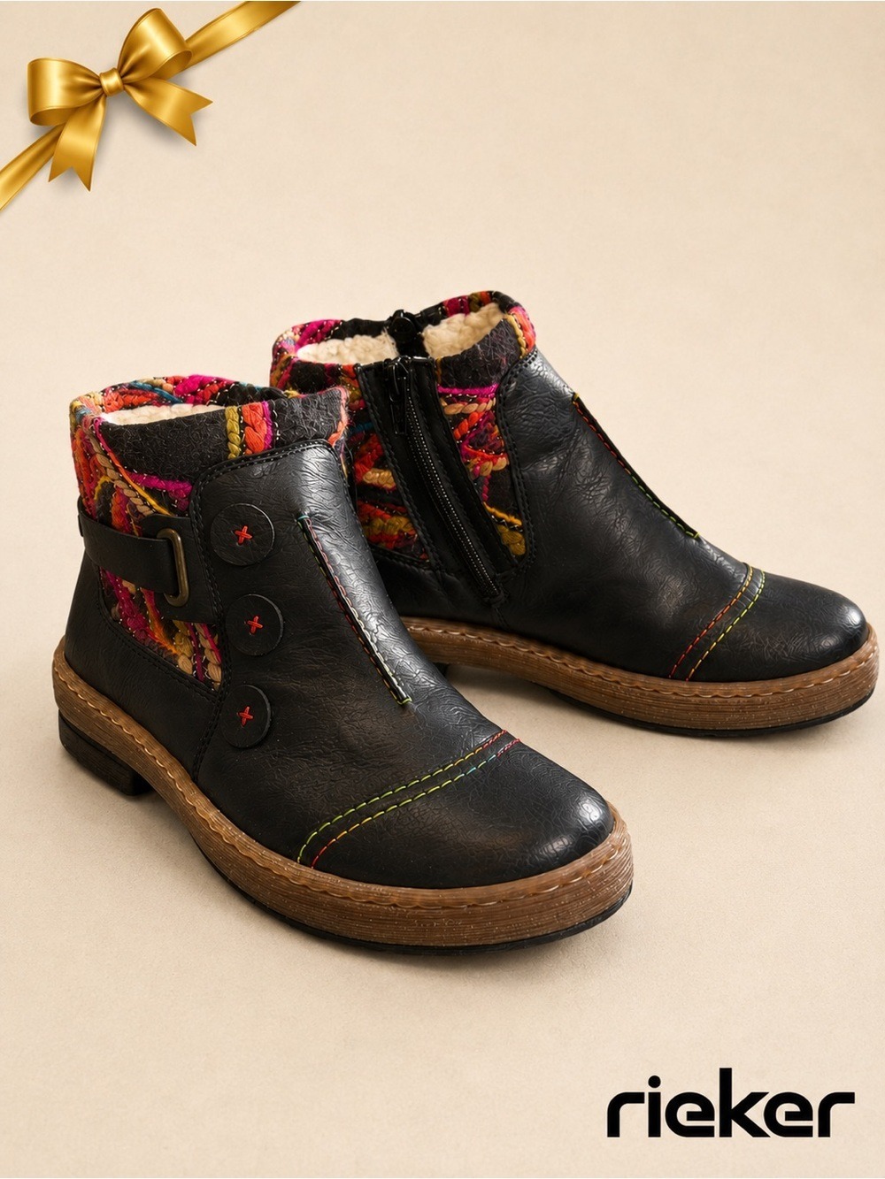 Rieker Black Leather Ankle Boots Faux Fur Lined Colorful Stitching US 11 NWT - Picture 13 of 13